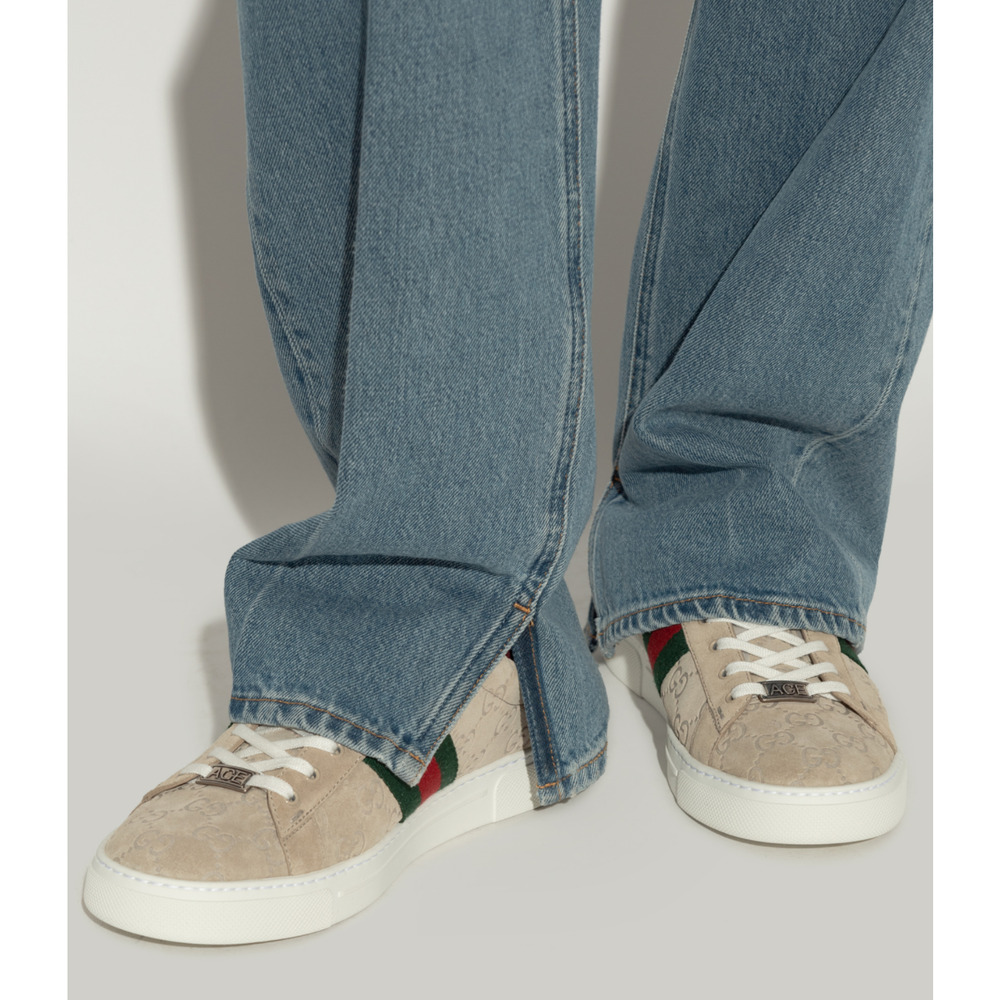 Gucci Ace Web GG Logo Oatmeal Beige Suede Flat Low Top Trainer Sneakers 41 - Picture 7 of 16